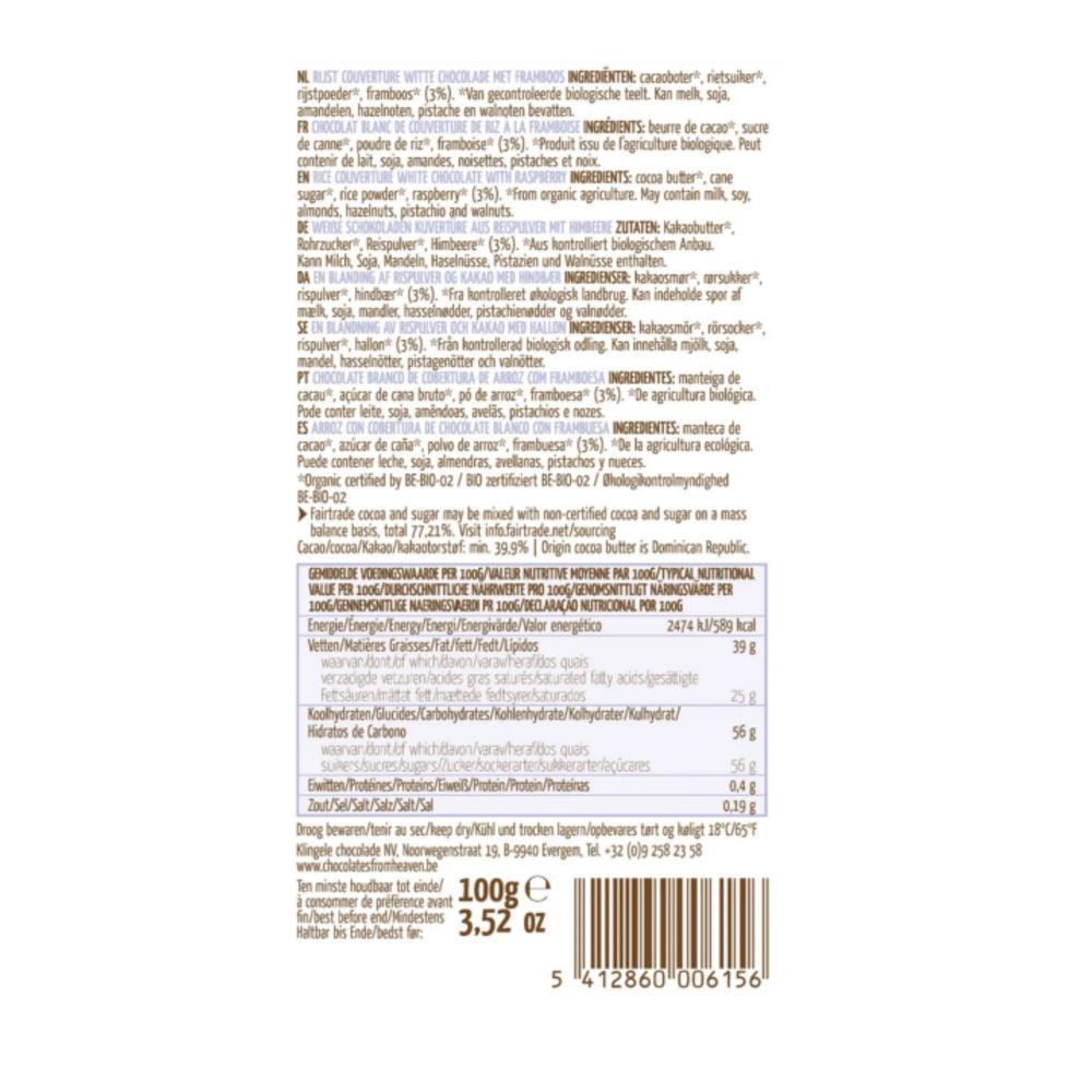 Chocolate Branco Com Leite de Arroz E Framboesas Bio Chocolates from heaven 100g