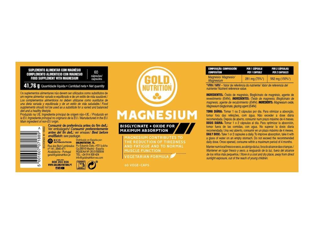 Magnesium 600 Mg Gold Nutrition 60 Cápsulas