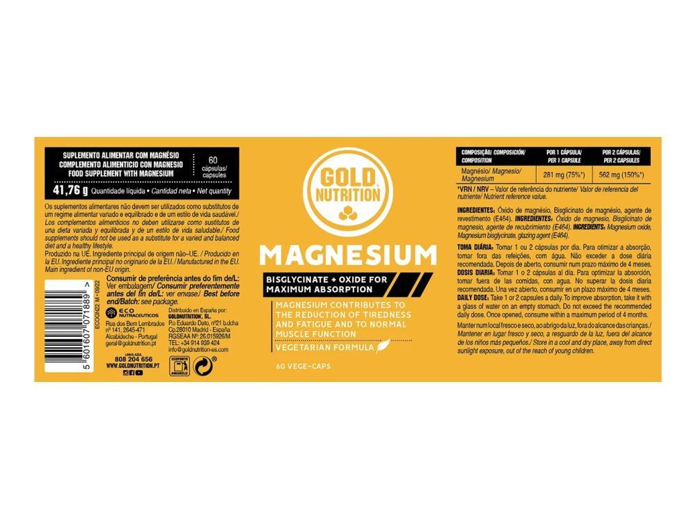 Magnesium 600 Mg Gold Nutrition 60 Cápsulas